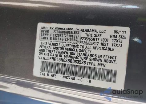 2011 Honda Odyssey Ex-L из США, поврежденный, VIN 5FNRL5H63BB083528